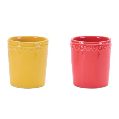 Melrose International Stoneware Bud Vase (set Of 2) - Yellow, Pink