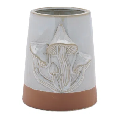Melrose International Tapered Porcelain Planter With Mushrooms (set Of 2) - Gray, Brown