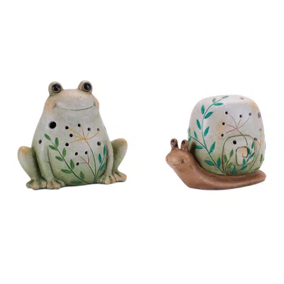Melrose International Terra Cotta Frog And Snail Decor (set Of 2) - Green, Beige