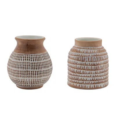 Melrose International Textured Ceramic Vase (set Of 2) - Brown, Beige