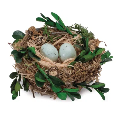 Melrose International Twig Bird Nest With Eggs And Boxwood Foliage (set Of 12) - Brown, Green