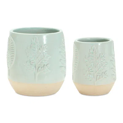 Melrose International Two-tone Porcelain Planter With Leaf Design (set Of 2) - Green, Tan