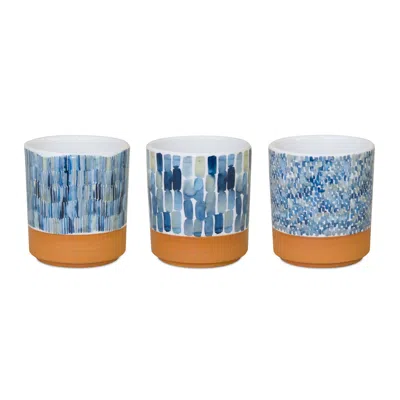 Melrose International Watercolor Planter With Terra Cotta Accent (set Of 3) - Brown, Blue, White