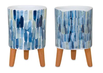 Melrose International Watercolor Planter With Terra Cotta Legs (set Of 2) - Blue, Brown, White