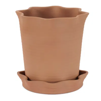 Melrose International Wavy Ceramic Planter With Saucer 7.75"h - Brown