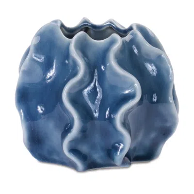 Melrose International Wavy Ribbed Ceramic Vase (set Of 2) - Blue