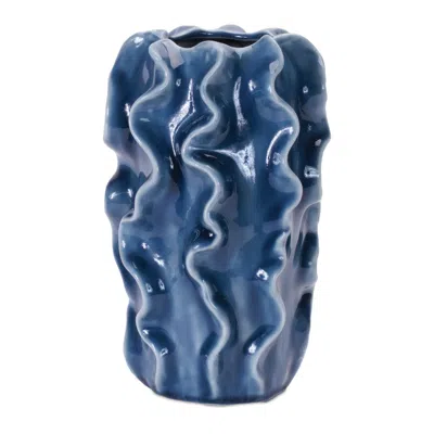 Melrose International Wavy Ribbed Ceramic Vase (set Of 2) - Blue