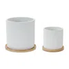 Melrose International White Stone Planter With Wood Plate (set Of 2) - White, Brown