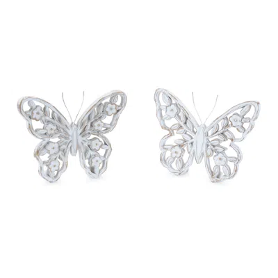Melrose International White Washed Floral Butterfly Decor (set Of 2) - White, Beige