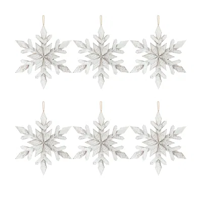 Melrose International White Washed Wooden Snowflake Ornament (set Of 6) - White