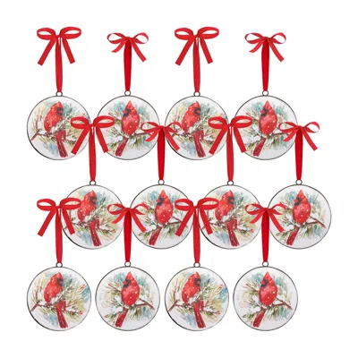 Melrose International Winter Cardinal And Pine Branch Disc Ornament (set Of 12) - Red; White