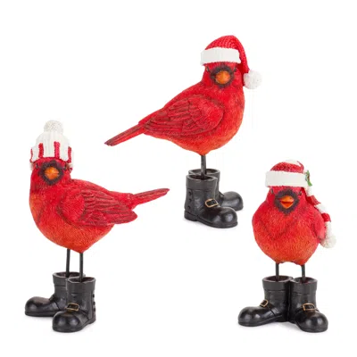 Melrose International Winter Cardinal Bird Figurine With Santa Boots And Hat (set Of 3) - Red; Black
