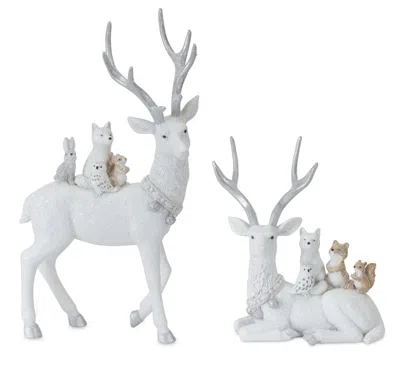 Melrose International Winter Deer With Woodland Friends Figurine (set Of 2) - White; Silver