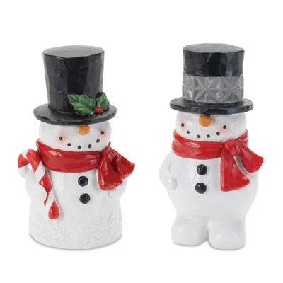 Melrose International Winter Snowman Figurine (set Of 2) - White, Red, Silver