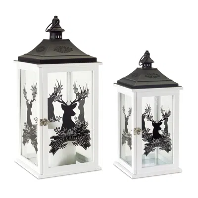 Melrose International Wood Merry Christmas Lantern With Deer Design In White