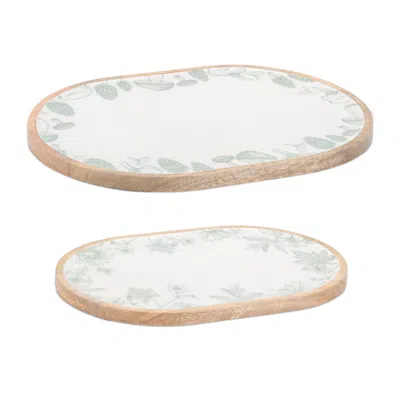 Melrose International Wood Mushroom And Floral Print Tray (set Of 2) - White, Green