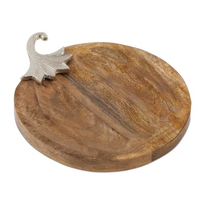 Melrose International Wooden Pumpkin Tray With Aluminum Stem 14"l - Brown, Gray
