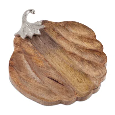 Melrose International Wooden Pumpkin Tray With Aluminum Stem 15.75"l - Brown, Gray
