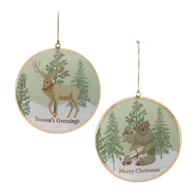 Melrose International Woodland Christmas Sentiment Disc Ornament (set Of 6) - Beige, White, Green