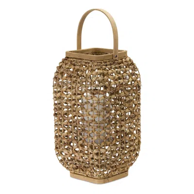 Melrose International Woven Wicker Lantern With Glass Insert 16"h - Beige, Brown