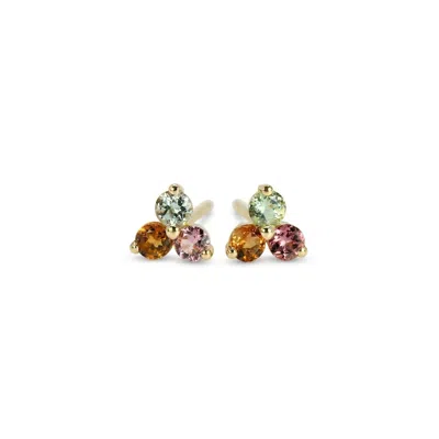Melt'm Jewelry Women's Gold / Green / Pink Colorful Tourmaline Flower Stud Earrings In 14k Solid Gold In Gold/green/pink