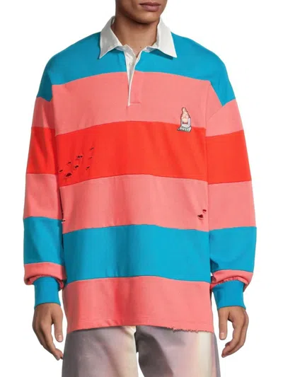 Members Of The Rage Men's Distressed Long-sleeve Stripe Polo Shirt In Algers Blue