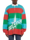 Members Of The Rage Men's Striped Cotton Distressed Long-sleeve Polo Shirt In Infrared Turquoise Multi
