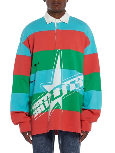 Members Of The Rage Men's Striped Cotton Distressed Long-sleeve Polo Shirt In Infrared Turquoise Multi