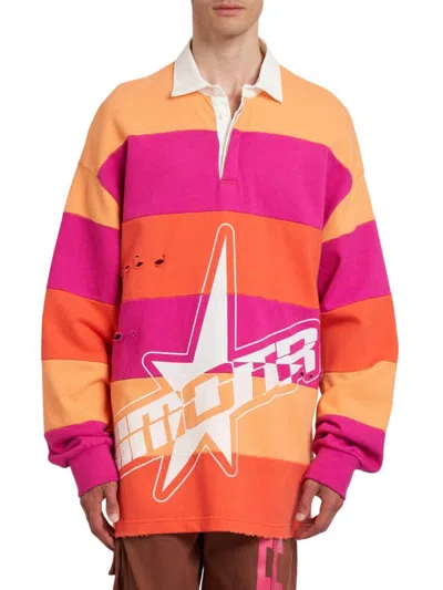 Members Of The Rage Men's Striped Cotton Distressed Long-sleeve Polo Shirt In Purple Orange Multi