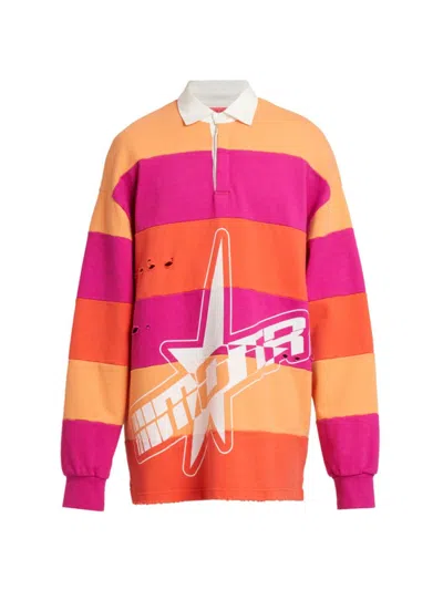 Members Of The Rage Men's Striped Cotton Distressed Long-sleeve Polo Shirt In Purple Orange Multi