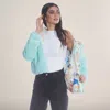 Members Only Women's Faux Rabbit Fur Reversible Bomber Looney Tunes Satin Mashup Print Lining Jacket In Blue