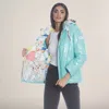 Members Only Women's Faux Rabbit Fur Reversible Bomber Looney Tunes Satin Mashup Print Lining Jacket In Blue