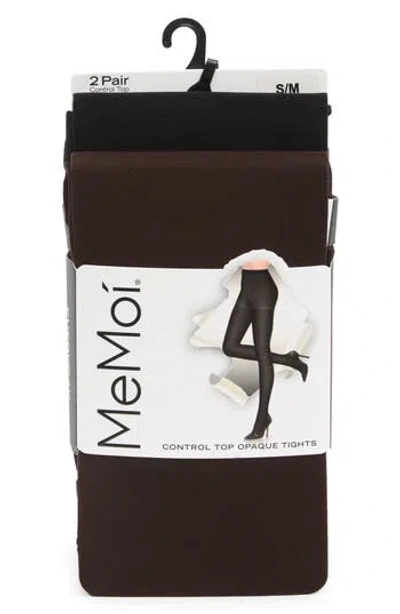 Memoi 2-pack Solid Control Top Tights In Brown/black