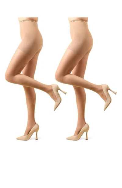 Memoi 2-pack Control Top Tights In Brown