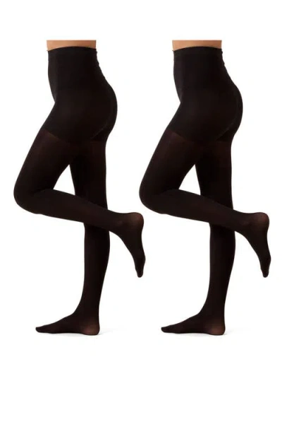 Memoi 2-pack Opaque Control Top Tights In Black