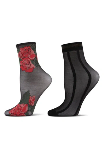 Memoi Assorted 2-pack Ankle Socks In Black-red