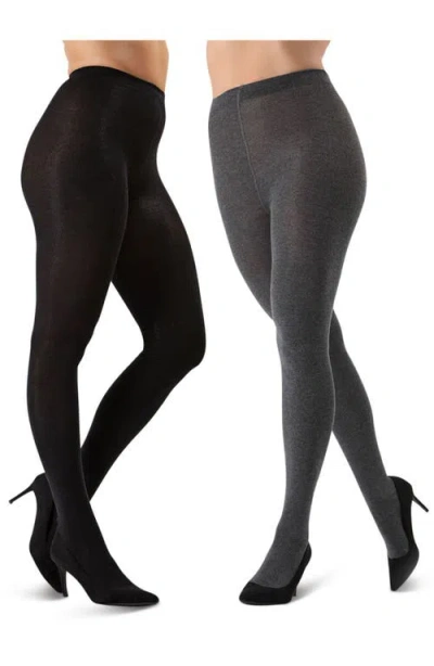 Memoi Assorted 2-pack Flat Knit Tights In Black/dark Gray