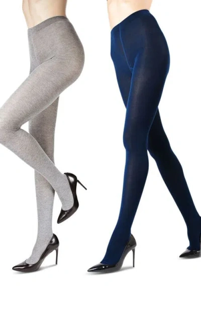 Memoi Assorted 2-pack Flat Knit Tights In Gray/navy
