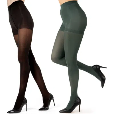 Memoi Assorted 2-pack Flat Knit Tights In Black-green