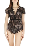 Memoi Women's Ava Lace Cap Sleeve Boyshorts Romper Lingerie With Sweetheart Neckline In Black