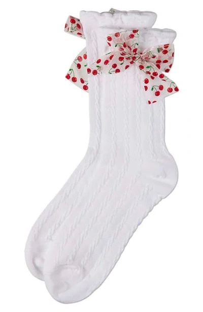 Memoi Cherry Bow Cable Crew Socks In White