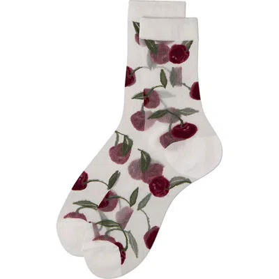 Memoi Cherry Sheer Crew Socks In White