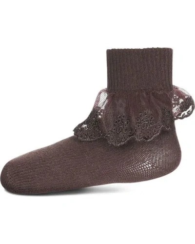 Memoi Kids'  Classic Lace Ruffle Anklet Socks In Brown