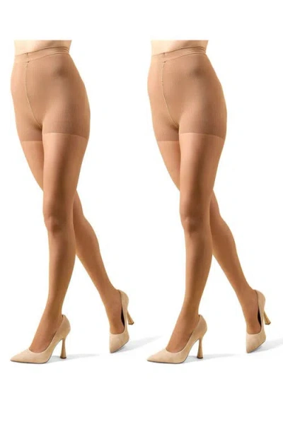 Memoi Crystal 2-pack Control Top Tights In Brown