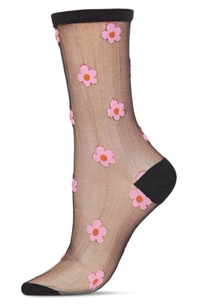 Memoi Daisies Sheer Crew Socks In Black