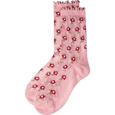 Memoi Ditsy Floral Crew Socks In Mauve