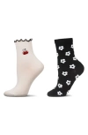 Memoi Fashion Floral Assorted 2-pack Crew Socks In Black-nude