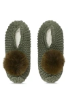 Memoi Faux Fur Pompom Faux Shearling Lined Slipper Socks In Moss Green