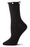 Memoi Faux Pearl Lettuce Edge Cotton Blend Crew Socks In Blue