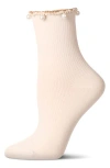 Memoi Faux Pearl Lettuce Edge Cotton Blend Crew Socks In White
